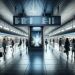 Interior moderno de una estación de metro urbana con pantallas de anuncios digitales encendidas y pasajeros transitando.