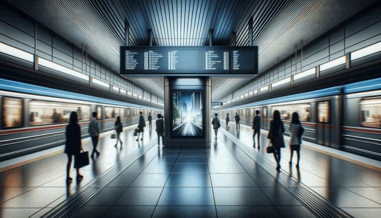 Interior moderno de una estación de metro urbana con pantallas de anuncios digitales encendidas y pasajeros transitando.