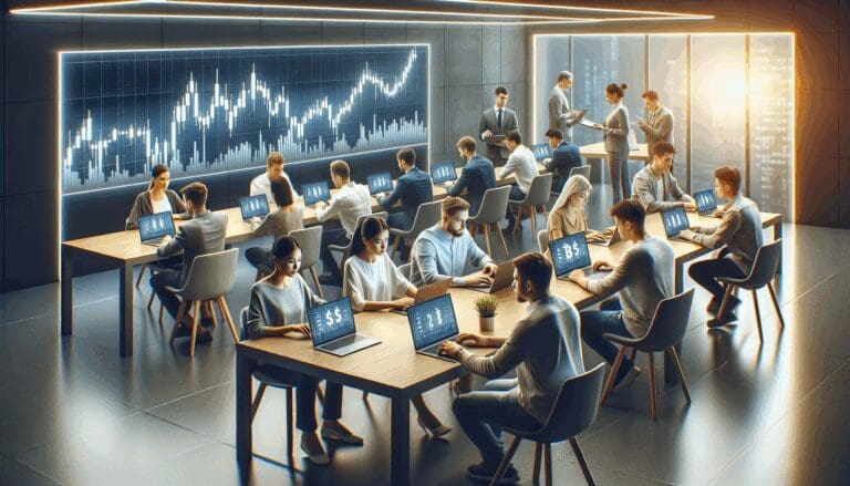 Equipo de emprendedores jóvenes trabajando con laptops en un espacio de oficina moderno, con gráficos digitales de criptomonedas en pantalla.