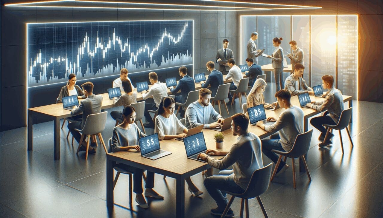 Equipo de emprendedores jóvenes trabajando con laptops en un espacio de oficina moderno, con gráficos digitales de criptomonedas en pantalla.