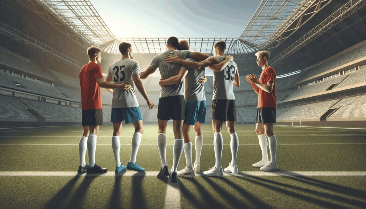 Fotografía de deportistas en el campo abrazándose, con fondo de estadio moderno y luz natural.