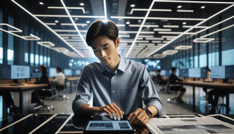 Retrato editorial de un joven empresario revisando datos en un espacio de oficina moderno, con ambiente tecnológico.