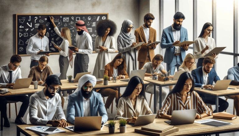 Grupo diverso de emprendedores trabajando en oficinas modernas con laptops y pizarras.