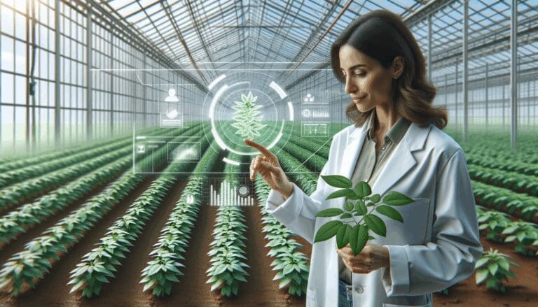 Primer plano de un cultivo verde con tecnología agrícola aplicada y una mujer observando resultados en un invernadero.