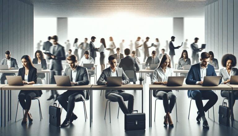 Oficina moderna con equipos de jóvenes emprendedores trabajando en computadores portátiles