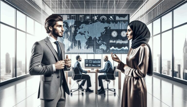 Dos empresarios dialogando en un espacio moderno con gráficos financieros y pantallas tecnológicas al fondo.