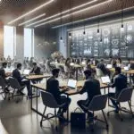 Plano medio de una sala de reuniones moderna con emprendedores latinos usando laptops y pantallas con gráficos tecnológicos.