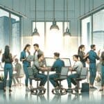 Ilustración moderna de dos equipos de startups colaborando en una oficina tecnológica.