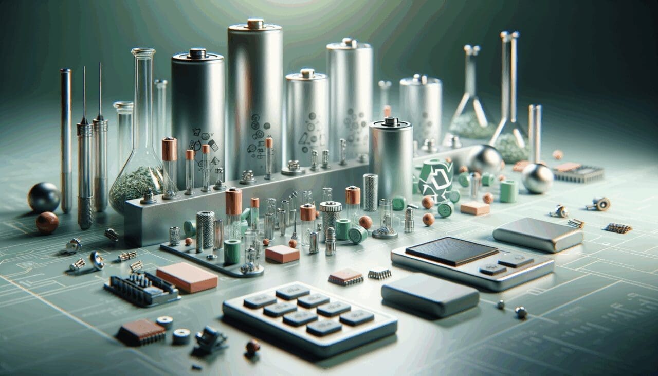 Primer plano de baterías ecológicas y componentes electrónicos sobre una mesa de laboratorio, con fondo neutro y ambiente tecnológico.
