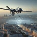 Dron militar autónomo sobrevolando un paisaje urbano europeo al atardecer, fondo tecnológico minimalista.