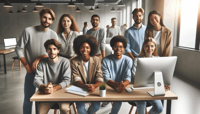 Jóvenes emprendedores colaborando en torno a computadoras en un espacio de coworking moderno.