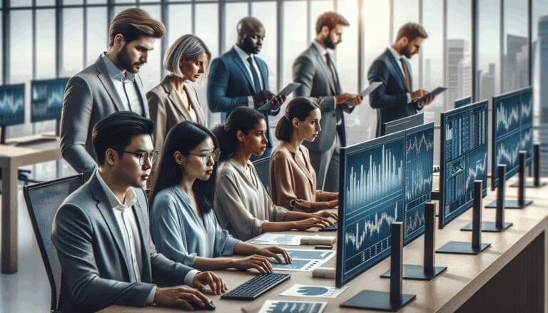 Grupo diverso de profesionales trabajando en una oficina moderna con tecnología financiera.