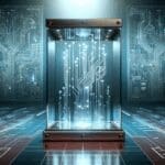 Ilustración de una urna digital transparente con circuitos y fondo en tonos azules modernos, estilo tecnológico.