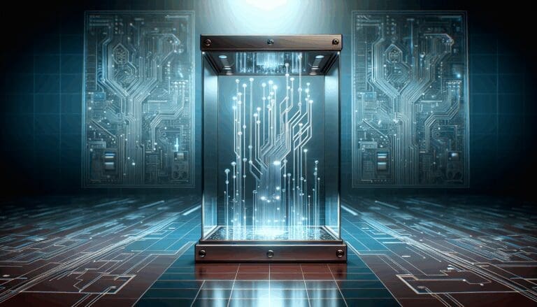 Ilustración de una urna digital transparente con circuitos y fondo en tonos azules modernos, estilo tecnológico.