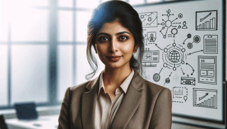 Retrato profesional de una emprendedora frente a una pizarra con esquemas tecnológicos borrosos.