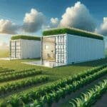 Contenedores modulares agrícolas instalados en un campo verde, cielo despejado y ambiente moderno.