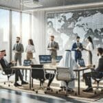 Oficinas modernas con emprendedores colaborando y pizarras digitales, en un ambiente tecnológico e internacional.