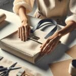 Primer plano de manos confeccionando un bolso moderno en un taller textil luminoso.