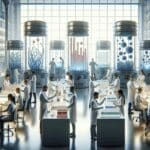 Primer plano de un laboratorio tecnológico con biorreactores y científicos analizando cultivos.