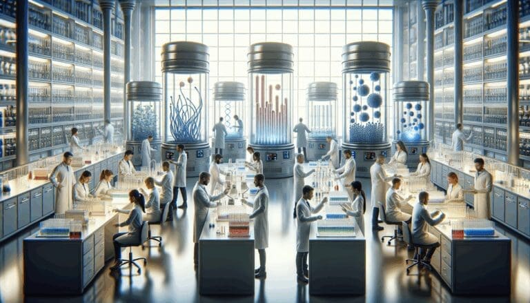 Primer plano de un laboratorio tecnológico con biorreactores y científicos analizando cultivos.