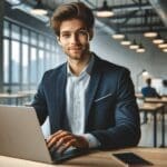 Retrato profesional de un fundador de startup usando laptop en un entorno moderno de oficina tecnológica.