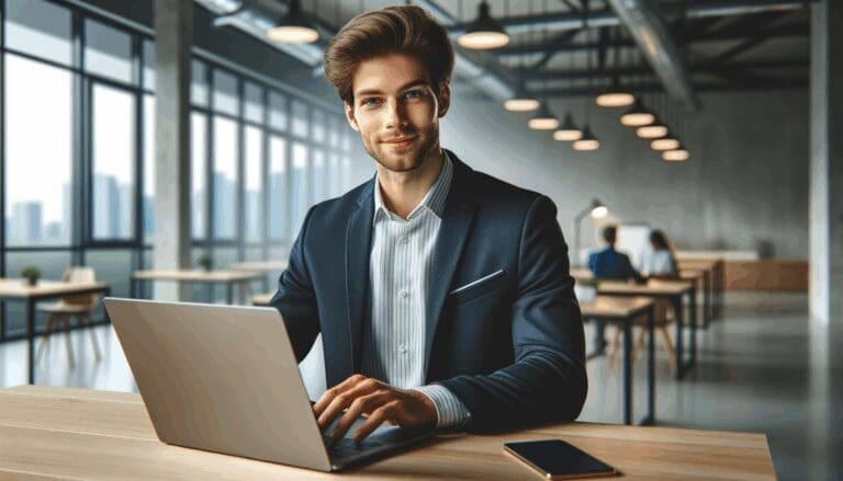 Retrato profesional de un fundador de startup usando laptop en un entorno moderno de oficina tecnológica.