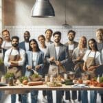 Equipo de emprendedores en una cocina moderna, preparando menús saludables en un espacio colaborativo y luminoso.