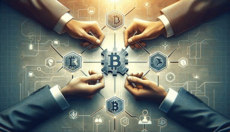 Ilustración conceptual de manos conectando piezas digitales sobre fondo tecnológico, representando innovación en startups cripto.