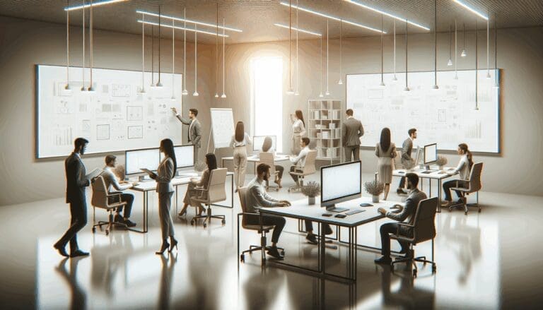 Personas colaborando en un espacio moderno de coworking, con pizarras y computadoras, ambiente tecnológico.