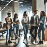 Jóvenes profesionales colaborando en un espacio de coworking tecnológico moderno.