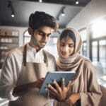 Dos jóvenes empresarios revisando datos en una tableta digital dentro de una tienda local, ambiente moderno y luminoso.