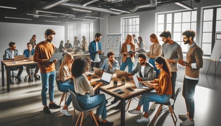 Personas colaborando en un espacio de coworking moderno, con laptops y pizarras, ambiente innovador y dinámico.