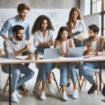 Emprendedores colaborando en un espacio de coworking moderno, con pizarras y ordenadores portátiles.