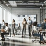 Oficina moderna con personas colaborando y pantallas mostrando datos digitales, ambiente tecnológico.