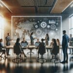 Personas colaborando en una sala de reuniones moderna frente a pantallas digitales abstractas, ambiente innovador y empresarial.