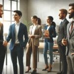 Emprendedores y líderes corporativos estrechando manos en un espacio moderno de coworking.