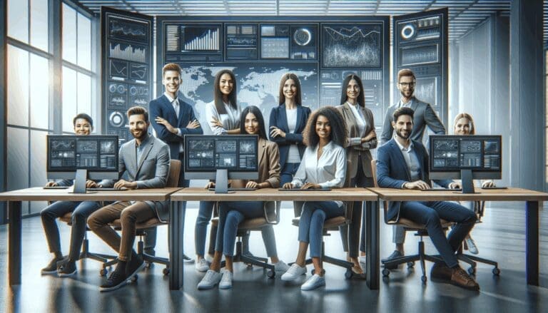 Equipo diverso trabajando juntos frente a pantallas con gráficos tecnológicos en una oficina contemporánea.