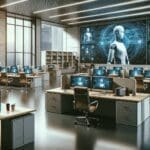 Oficinas modernas con computadoras y pantallas mostrando inteligencia artificial en acción, ambiente profesional y tecnológico.