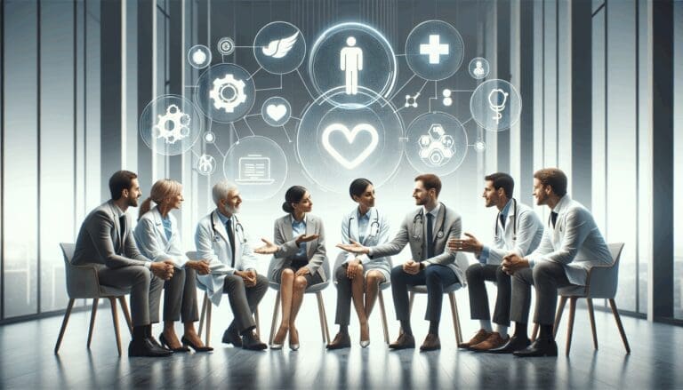 Emprendedores y médicos conversando en un espacio moderno de innovación, resaltando colaboración y tecnología en salud.