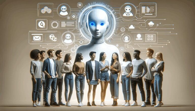 Ilustración conceptual de jóvenes interactuando con inteligencia artificial en un entorno digital seguro y moderno.