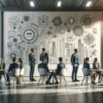 Asistentes conversando en un moderno centro de innovación con murales tecnológicos y luz natural.