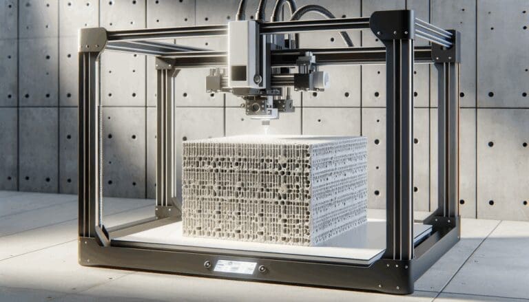 Primer plano de impresora 3D construyendo una estructura con biocemento en un ambiente de construcción moderno.