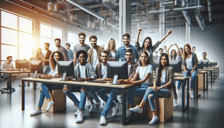 Grupo diverso de jóvenes entusiastas colaborando en un espacio moderno con computadoras y pantallas digitales, ambiente tecnológico y creativo.