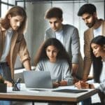 Equipo diverso de jóvenes emprendedores colaborando en un moderno espacio de coworking.