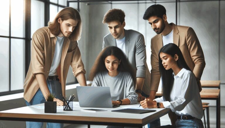 Equipo diverso de jóvenes emprendedores colaborando en un moderno espacio de coworking.