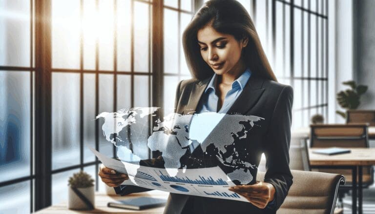 Un emprendedor revisando gráficos de expansión global en una oficina moderna y luminosa.