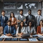 Grupo de jóvenes emprendedores analizando gráficos financieros digitales en una sala de juntas moderna, ambiente tecnológico y profesional.