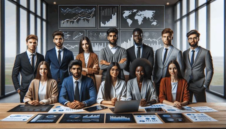 Grupo de jóvenes emprendedores analizando gráficos financieros digitales en una sala de juntas moderna, ambiente tecnológico y profesional.