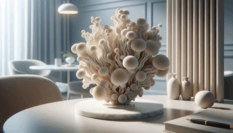 Primer plano de una elegante pieza decorativa hecha de micelio en un entorno moderno.
