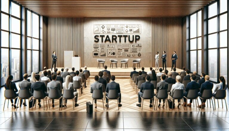 Sala moderna con emprendedores y jueces observando presentaciones de startups tecnológicas.